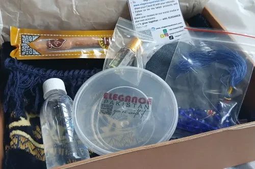 Hajj / Umrah Islamic Gift Pack, Standard Quality Prayermat, Dates, Zamzam Water, Tashbee, Miskwak, Scent and Prayer Cap